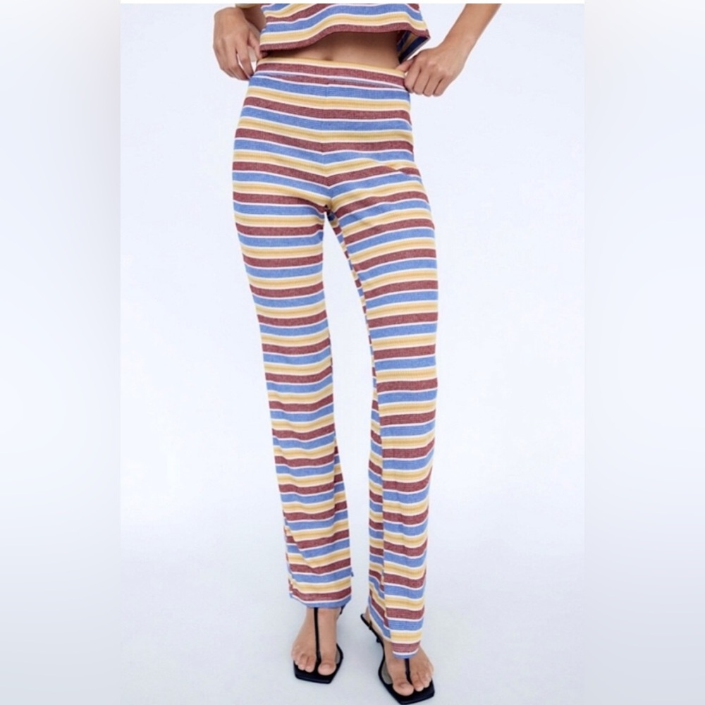 Zara Rib Texture Knit Striped Pull On Flared Bottom Pants Size Small New